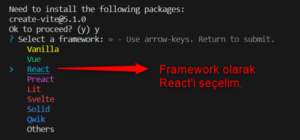 React framework'ünü seçelim