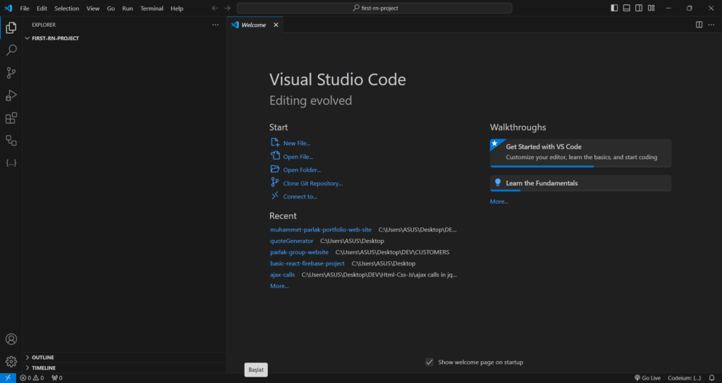 Proje klasörü Visual Studio Code içinde